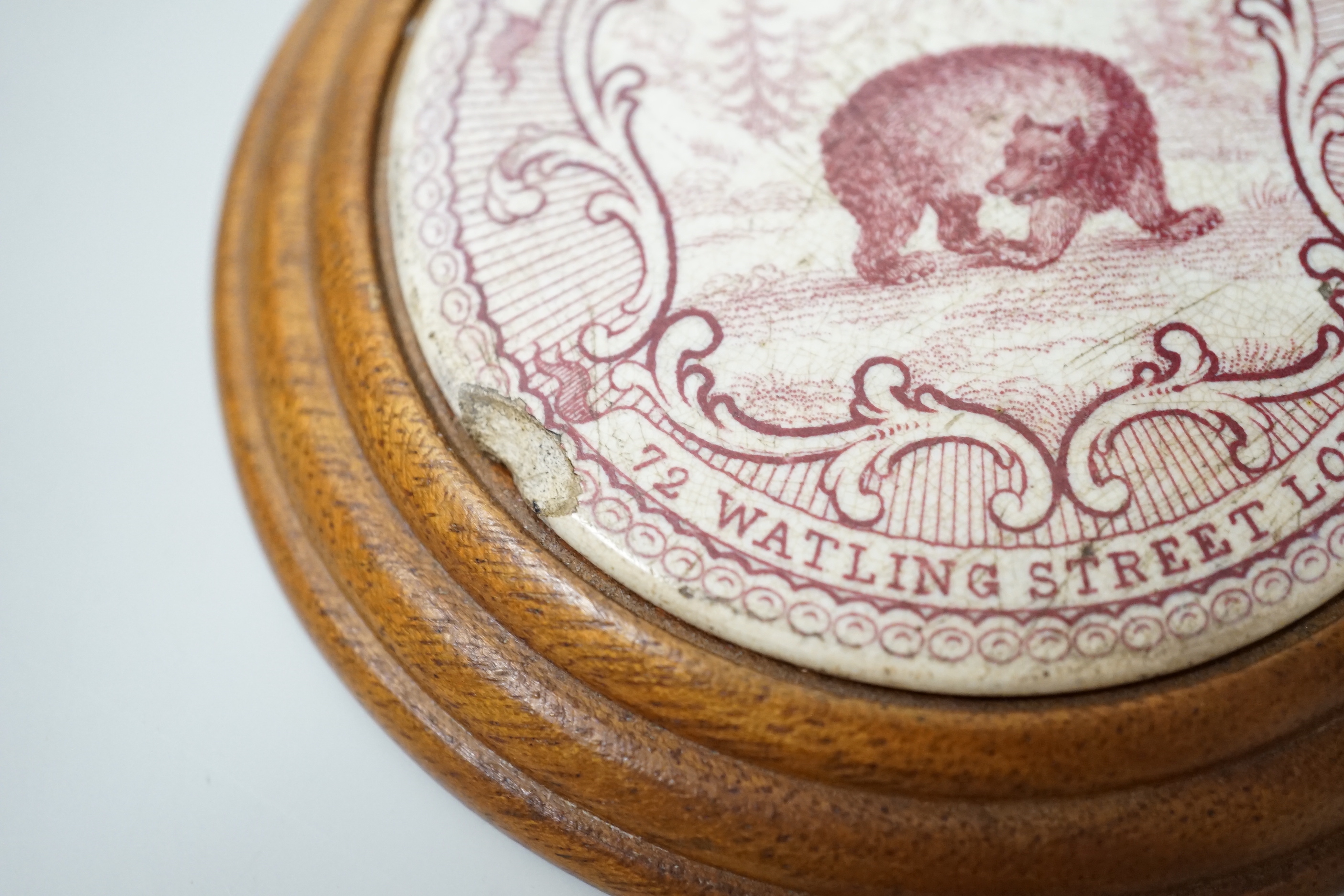 A rare framed pot lid- William Clayton & Co Bears Grease, 72 Watling Street, London, 8cm, framed